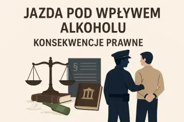 Policjant prowadzi pijanego kierowcę. W tle waga sprawiedliwości, kodeksy i butelka. Konsekwencje prawne jazdy pod wpływem alkoholu, art. 178a kk.