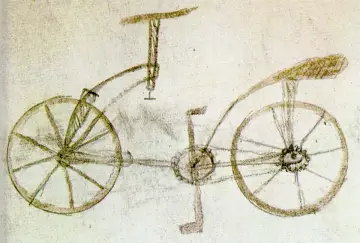 Szkic roweru z pedałami i łańcuchem, być może odpowiedź na pytanie, kto wynalazł rower.