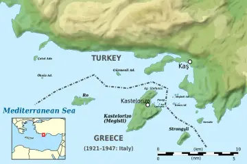 Mapa pokazuje wybrzeże Turcji i Grecji na Morzu Śródziemnym. Odpowiedź na pytanie: czy w Turcji jest ocean? - nie, ale jest morze.