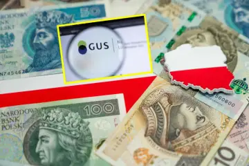 Polskie banknoty i mapa Polski z flagą. Widoczny ekran z logo GUS, symbolizujący dane o średniej krajowej.