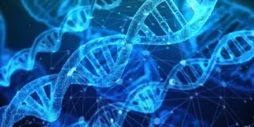 Błękitne, świetliste helisy DNA wirują w przestrzeni, symbolizując postęp w nauce i scjentyzm.
