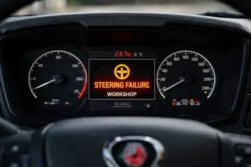 Awaria układu kierowniczego na desce rozdzielczej Scanii. Komunikat "STEERING FAILURE WORKSHOP" sugeruje problem z blokadą kierownicy.