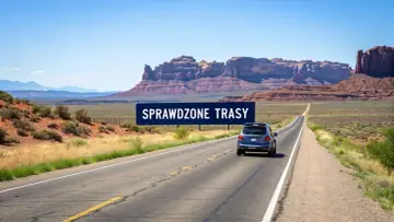 Niebieski samochód jedzie pustą drogą przez krajobraz przypominający Monument Valley, gdzie w oddali widać skalne formacje. Znak "SPRAWDZONE TRASY" sugeruje podróż przez amerykańskie miasta.