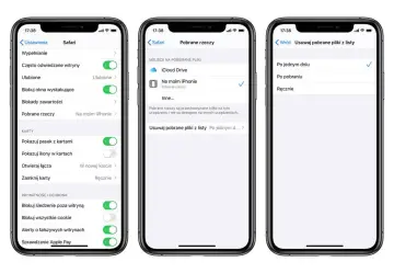 Ustawienia Safari: gdzie zapisują się pobrane pliki w iPhone. Wybierz "Na moim iPhonie" lub iCloud Drive.