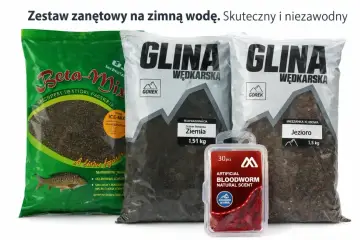 Zestaw na żywca na rzekę: zanęta Beta-Mix, glina wędkarska i sztuczne ochotki. Idealny na zimną wodę.
