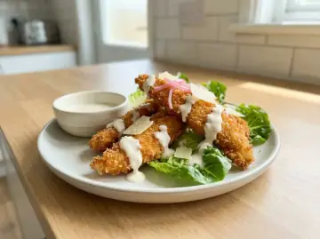 Krispiga bitar av panerad kyckling serveras med sallad, parmesan och en krämig dressing. En härlig rätt som passar perfekt till lunch eller middag.