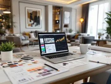 Laptop z wykresem, próbki kolorów, kalkulator i notatki na biurku. Zastanawiasz się, ile zarabia architekt w Polsce?