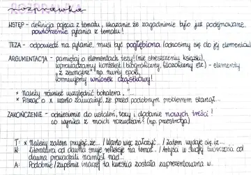 Ręcznie pisany tekst na kratkowanym papierze, wyjaśniający strukturę rozprawki maturalnej.