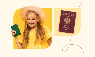 Uśmiechnięta dziewczynka w słomkowym kapeluszu trzyma zielony paszport. Obok widnieje polski paszport, co przypomina, ile jest ważny paszport niemowlaka.