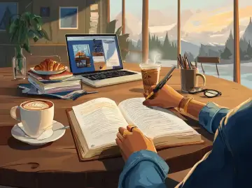 Polish: Osoba pisze w książce przy kawie i laptopie, z widokiem na góry.
French: Une personne écrit dans un livre avec du café et un ordinateur portable, avec vue sur les montagnes.