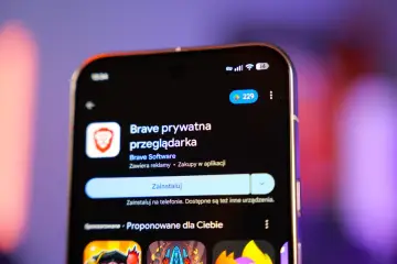Ekran telefonu z ikoną i nazwą "Brave prywatna przeglądarka". Obok przycisk "Zainstaluj".