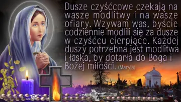 Matka Boża wzywa do modlitwy za dusze czyśćcowe. Obraz przedstawia Maryję, świecę, różaniec i cmentarz.