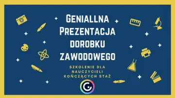 Genialna prezentacja dorobku zawodowego dla nauczycieli kończących staż. Ikony symbolizują naukę i rozwój.