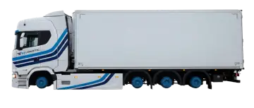 Biała ciężarówka z niebieskimi pasami i logo "TH LOGISTIC" gotowa do transportu.