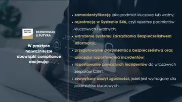 Wdrożenie Systemu Zarządzania Bezpieczeństwem Informacji, rejestracja w S46, audyty zgodności dla podmiotów kluczowych - to kluczowe obowiązki compliance.