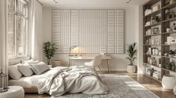 Chambre moderne avec un lit douillet, un bureau et une bibliothèque. Le mur derrière le bureau est orné de panneaux texturés, offrant une excellente isolation phonique mur chambre.