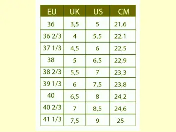 Tabela rozmiarów obuwia: EU, UK, US, CM. Pomaga wybrać odpowiedni rozmiar, np. 7 US to 38 2/3 EU i 23,3 cm.