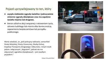 Czarny pojazd uprzywilejowany z włączonymi niebieskimi i czerwonymi sygnałami świetlnymi na drodze.