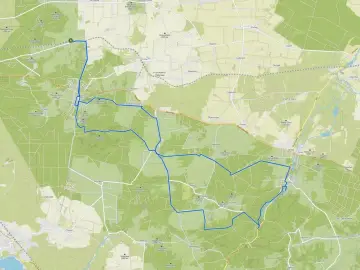 Trasa rowerowa Olsztyn: mapa z zaznaczonymi ścieżkami przez lasy i wsie.