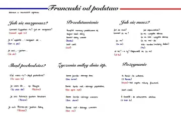 Zeszyt do samodzielnej nauki francuskiego: zwroty powitalne, pytania o imię, pochodzenie, samopoczucie i pożegnania.