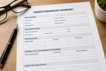 Kwestionariusz osobowy dla osoby ubiegającej się o zatrudnienie. Widoczne pola na dane osobowe, kontaktowe, wykształcenie i przebieg zatrudnienia.