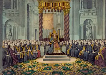 Uroczyste zgromadzenie duchownych, na którym papież w pontyfikalnych szatach zasiada na tronie, symbolizując dogmat o nieomylności papieża.