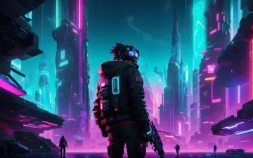Cyberpunkowa noc w mieście 1080p. Postać w futurystycznym stroju z bronią stoi na tle neonowych drapaczy chmur.