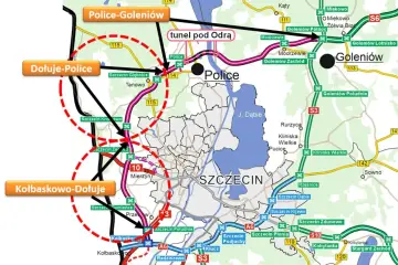 Mapa zachodniej obwodnicy Szczecina z zaznaczonym tunelem pod Odrą, drogami S3, S6, A6 i innymi trasami.