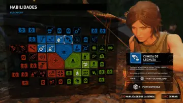Menú de habilidades de "Shadow of the Tomb Raider", con Lara Croft al fondo. Se muestra la habilidad "Comida de Lechuza".