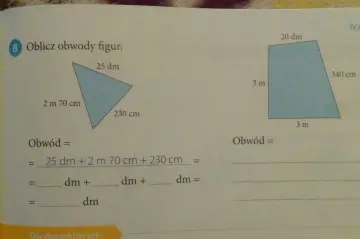 Zadanie 8 z matematyki dla klasy 3: obliczanie obwodów figur. Na obrazku trójkąt i trapez z podanymi bokami.