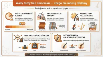 Wady farb bez amoniaku: krótsza trwałość koloru, słabsze krycie siwizny, nie służą do rozjaśniania, MEA obciąża włosy. MEA to nie to samo co amoniak.