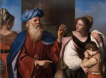 Abraham, syn Abrahama i Hagar, wskazuje na płaczącego chłopca. Kobieta patrzy z troską.