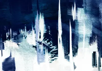 Tableau bleu et blanc évoquant des stalactites ou des gratte-ciel abstraits, avec des coups de pinceau texturés et dynamiques.