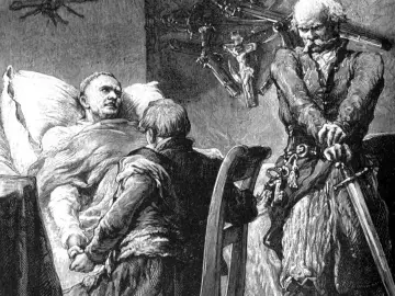 Horeszko z Pana Tadeusza, schorowany, leży w łóżku, trzymając dłoń młodzieńca. Obok stoi zamyślony rycerz z szablą.