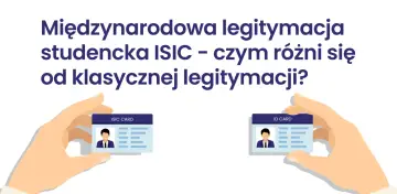 Dwie dłonie trzymają karty: ISIC CARD i ID CARD. Tytuł pyta o różnice między nimi.