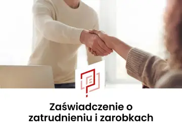 Dwie osoby ściskają sobie dłonie, symbolizując udane rp7. Obok logo i tekst "Zaświadczenie o zatrudnieniu i zarobkach".