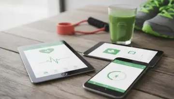 Na stole leżą tablet i smartfon z aplikacją do uzależnień, pokazującą puls i aktywność. Obok zielony koktajl, gumy do ćwiczeń i buty sportowe.