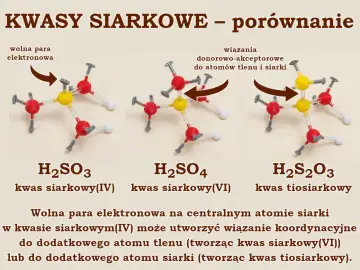 Porównanie kwasów siarkowych: H₂SO₃ (kwas siarkowy(IV)) z wolną parą elektronową, H₂SO₄ i H₂S₂O₃.