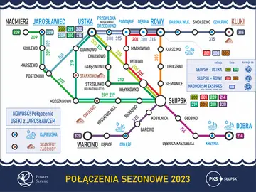 Mapa połączeń autobusowych PKS Słupsk. Sprawdź, jak dojechać do Jarosławca autobusem, korzystając z linii 200, 209, 300, 309, 310, 315.