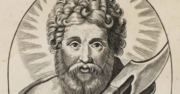 Portret świętego z aureolą i toporem, symbolizującym męczeńską śmierć, jak zginęli apostołowie.
