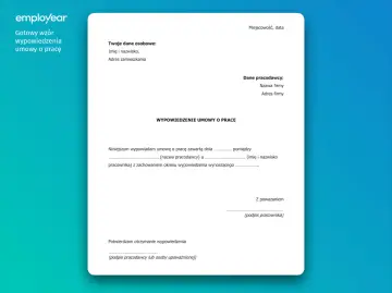 Gotowy wzór wypowiedzenia umowy o pracę. Dokument zawiera pola na dane osobowe, dane pracodawcy i treść oświadczenia o rezygnacji z pracy.