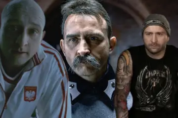 Borys Szyc w różnych rolach filmowych: łysy w dresie z orłem, z wąsem w mundurze i w czapce z tatuażem.