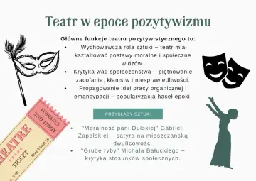Teatr w epoce pozytywizmu: wychowywał, krytykował wady społeczne, propagował hasła epoki. Przykłady sztuk: "Moralność pani Dulskiej", "Grube ryby".