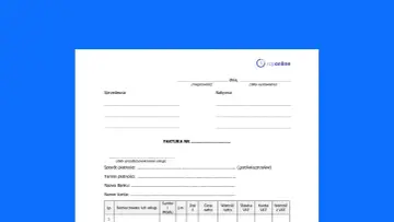 Formularz faktury proforma z polami do wypełnienia danych sprzedawcy, nabywcy, numeru faktury, sposobu płatności i tabelą pozycji.