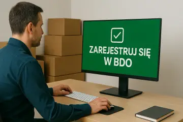 Mężczyzna przy biurku rejestruje jednoosobową działalność gospodarczą a śmieci w systemie BDO.