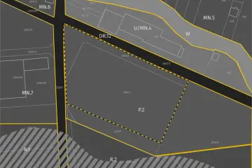 Fragment mapy z oznaczeniami działek i ulic. Widoczne strefy MN.5, MN.6, MN.7, U/MN.4, R.1, R.2, W. Zgodnie z mpzp.