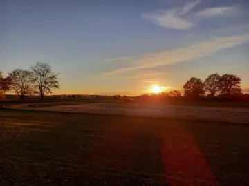 Sonnenuntergang über einem Feld mit Bäumen und einem Auto. "Seid stille und wisset: Ich bin Gott." (Psalm 46:10)