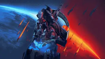 Postacie z Mass Effect 5 na tle planet i statków kosmicznych. Wojna wisi w powietrzu.