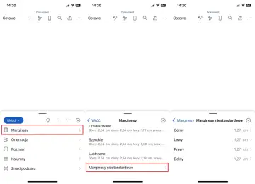Ekran aplikacji mobilnej z ustawieniami układu dokumentu. Widoczne opcje: Marginesy, Orientacja, Rozmiar, Kolumny, Znaki podziału. Wybrane są Marginesy niestandardowe.