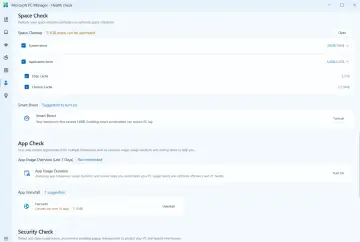 Microsoft PC Manager: Sprawdź stan dysku, optymalizuj miejsce (9.1GB do zwolnienia), włącz Smart Boost i analizuj użycie aplikacji.